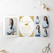 Wit gouden confetti foto afstudeeraankondiging drieluik uitnodiging (Binnen)