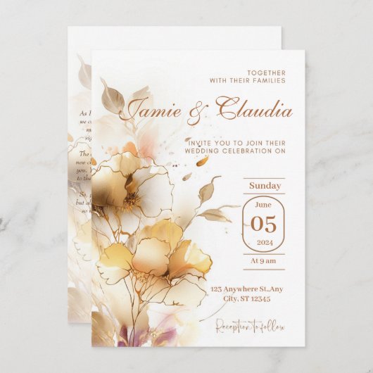 wit gouden elegante automon bloemen Uitnodiging (Voorkant / Achterkant)