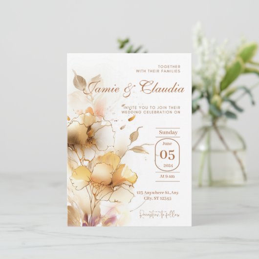 wit gouden elegante automon bloemen Uitnodiging (Staand voorkant)