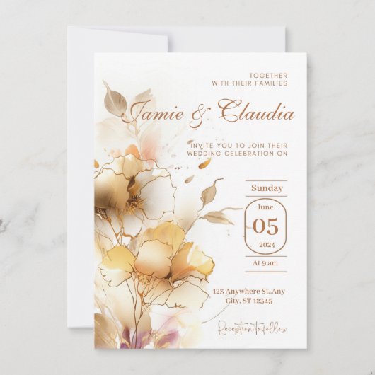 wit gouden elegante automon bloemen Uitnodiging (Voorkant)