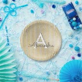 Wit & Gouden Folie Gestreept Monogram Verjaardag Papieren Bordje (Feest)