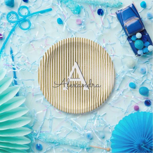 Wit & Gouden Folie Gestreept Monogram Verjaardag Papieren Bordje (Feest)