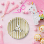 Wit & Gouden Folie Gestreept Monogram Verjaardag Papieren Bordje (Feest)