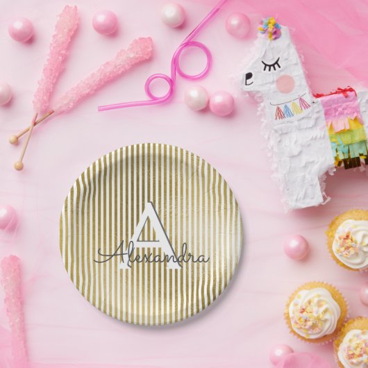 Wit & Gouden Folie Gestreept Monogram Verjaardag Papieren Bordje (Feest)