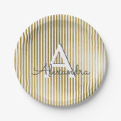 Wit & Gouden Folie Gestreept Monogram Verjaardag Papieren Bordje (Voorkant)