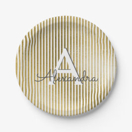 Wit & Gouden Folie Gestreept Monogram Verjaardag Papieren Bordje