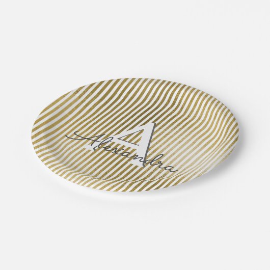 Wit & Gouden Folie Gestreept Monogram Verjaardag Papieren Bordje (Gekanteld)