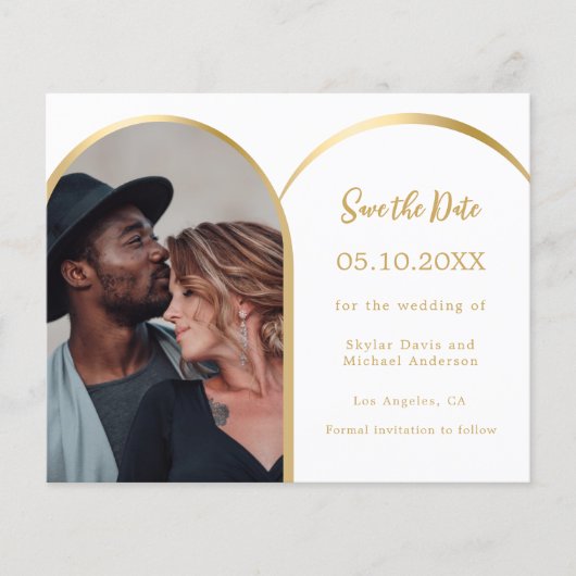 Wit gouden foto boog bruiloft Save the Date kaart (Voorkant)