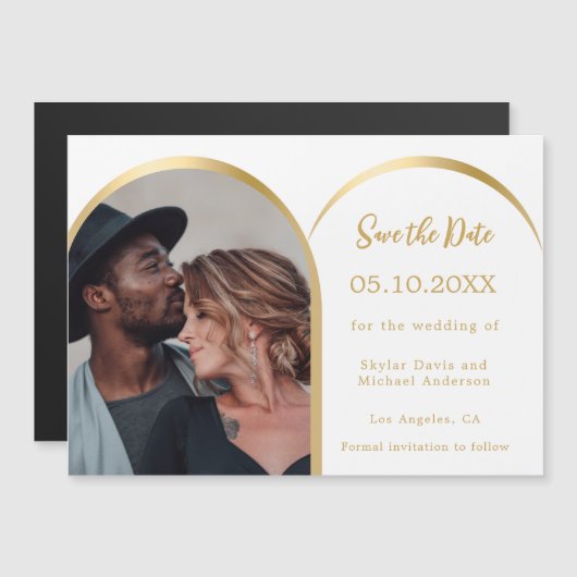 Wit gouden foto boog bruiloft Save the Date kaart Magnetische Uitnodiging (Voorkant / Achterkant)