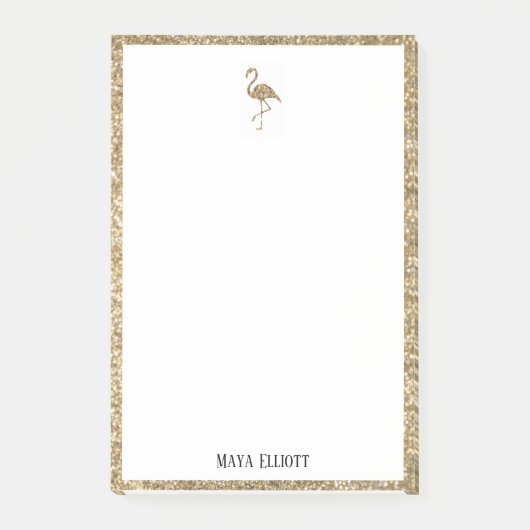 Wit + Gouden Glitter Flamingo & Rand met Naam Post-it® Notes (Voorkant)