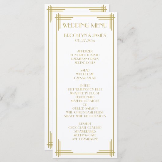 Wit gouden Great Gatsby Art Deco bruiloftsmenu kaa Menu (Voorkant / Achterkant)