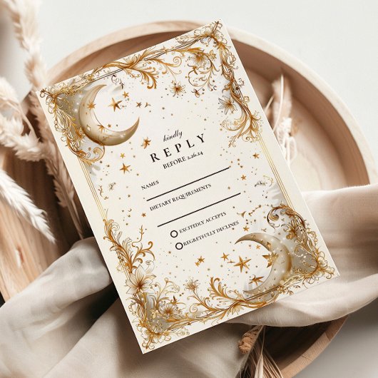 Wit Gouden Hemelse Maan & Sterren Bruiloft RSVP Kaartje