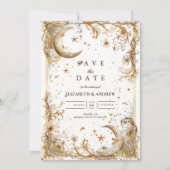 Wit Gouden Hemelse Maan & Sterren Bruiloft Save The Date (Voorkant)