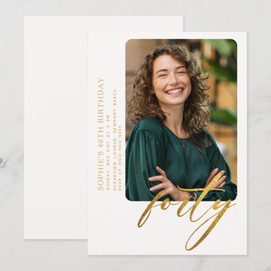 Wit Gouden Kalligrafie Moderne 40e Verjaardag Foto Kaart (Voorkant / Achterkant)