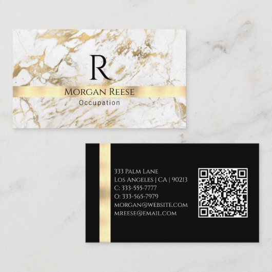 Wit/Gouden Marmer Genereer QR-code Naam & Monogram Visitekaartje (Voorkant / Achterkant)