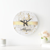 Wit & Gouden Marmer Gouden Staaf, Zwart Naam Monog Grote Klok (Huis)