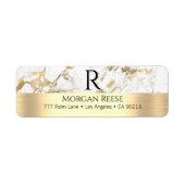 Wit & Gouden Marmer, Naam & Monogram Adres Etiket (Voorkant)