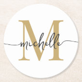 Wit Gouden Moderne Monogram Naam Elegant Schrift Ronde Kartonnen Onderzetter (Voorkant)