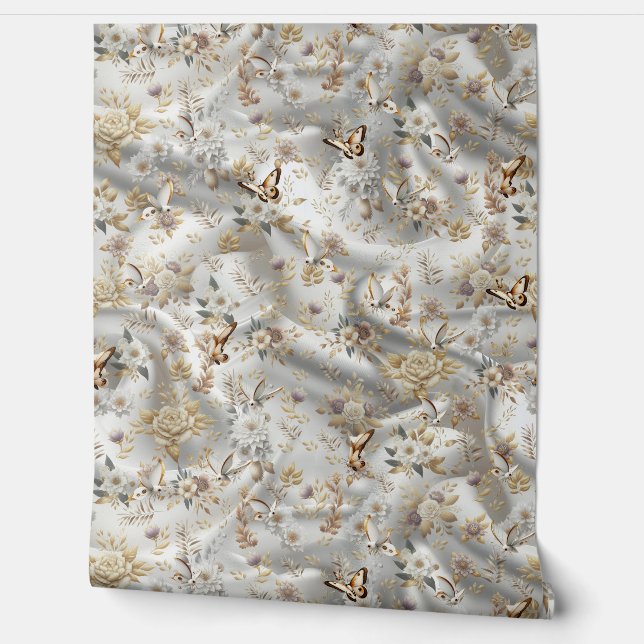 Wit Gouden Rozen, Champagne Zijde & Vlinders Behang (Afrollen)