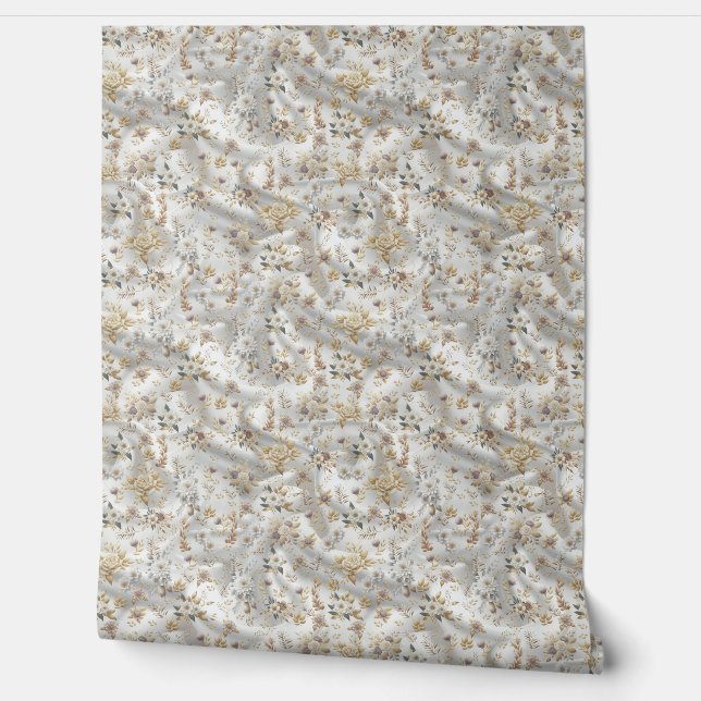 Wit Gouden Rozen, Champagne Zijde & Vlinders Behang (Afrollen)
