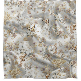 Wit Gouden Rozen, Champagne Zijde & Vlinders Douchegordijn