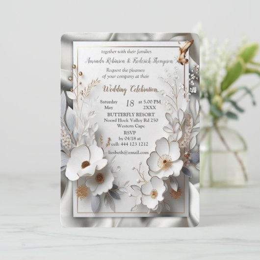 Wit Gouden Rozen, Champagne Zijde & Vlinders Kaart (Staand voorkant)