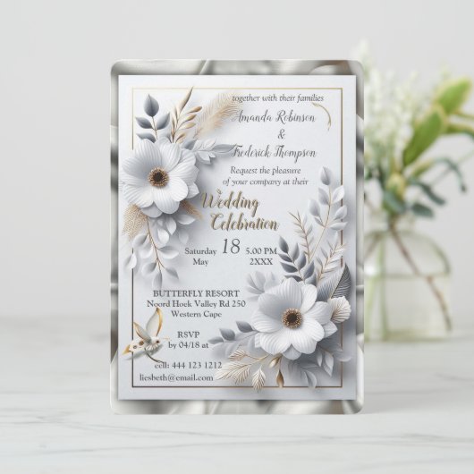 Wit Gouden Rozen, Champagne Zijde & Vlinders Kaart (Staand voorkant)