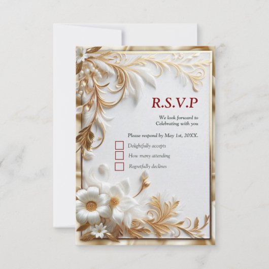 Wit Gouden Rozen, Champagne Zijde & Vlinders RSVP Kaartje (Voorkant)