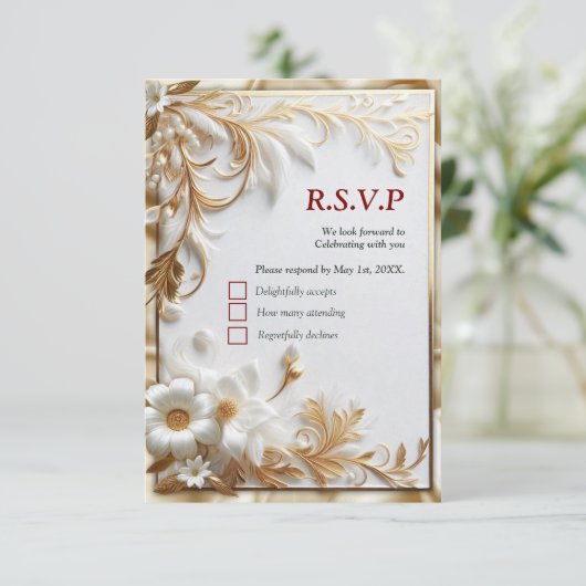 Wit Gouden Rozen, Champagne Zijde & Vlinders RSVP Kaartje (Staand voorkant)
