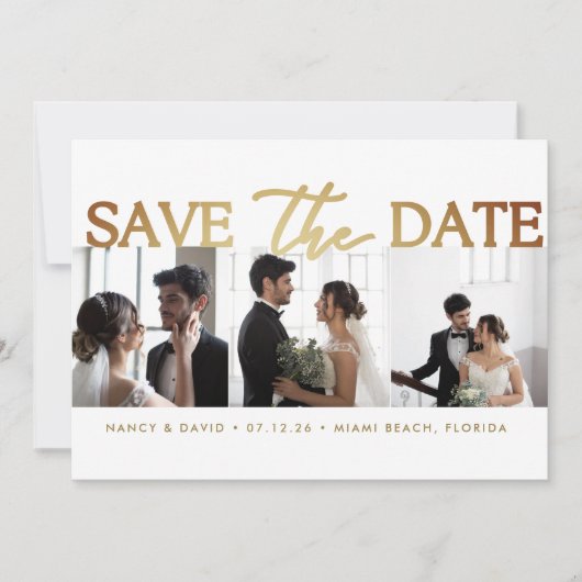 Wit Gouden Script 3 foto Collage bruiloft  Save The Date (Voorkant)
