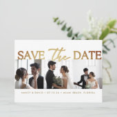 Wit Gouden Script 3 foto Collage bruiloft Save The Date (Staand voorkant)