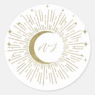Wit & Gouden Sterren Hemelse Zonnebundel Maan Brui Ronde Sticker