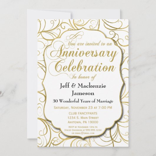 Wit Gouden Wervel Jubileum Uitnodiging Elegant (Voorkant)