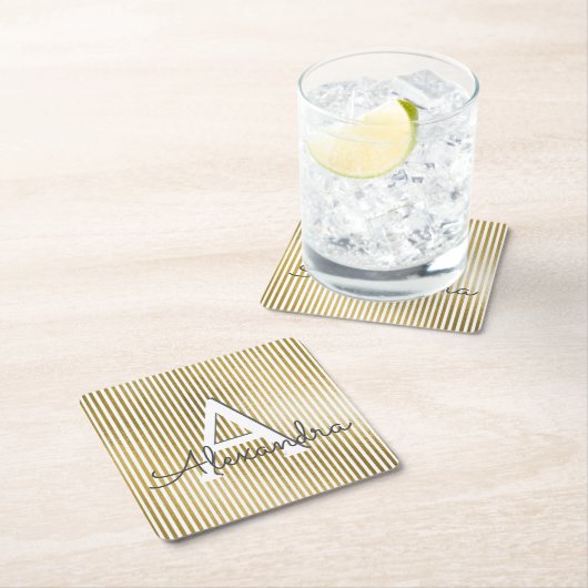 Wit & Goudfolie Gestreept Monogram & Initiaal Kartonnen Onderzetters (Insitu)