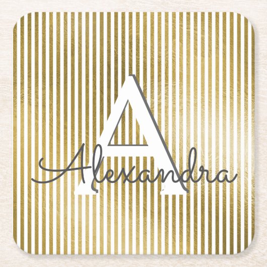 Wit & Goudfolie Gestreept Monogram & Initiaal Kartonnen Onderzetters (Voorkant)