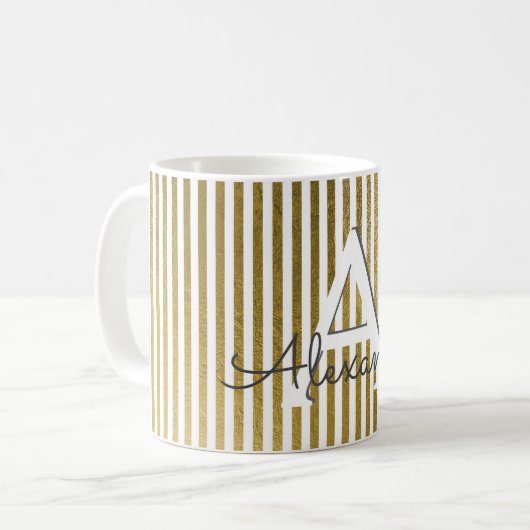 Wit & Goudfolie Gestreept Monogram & Initiaal Koffiemok (Voorkant links)