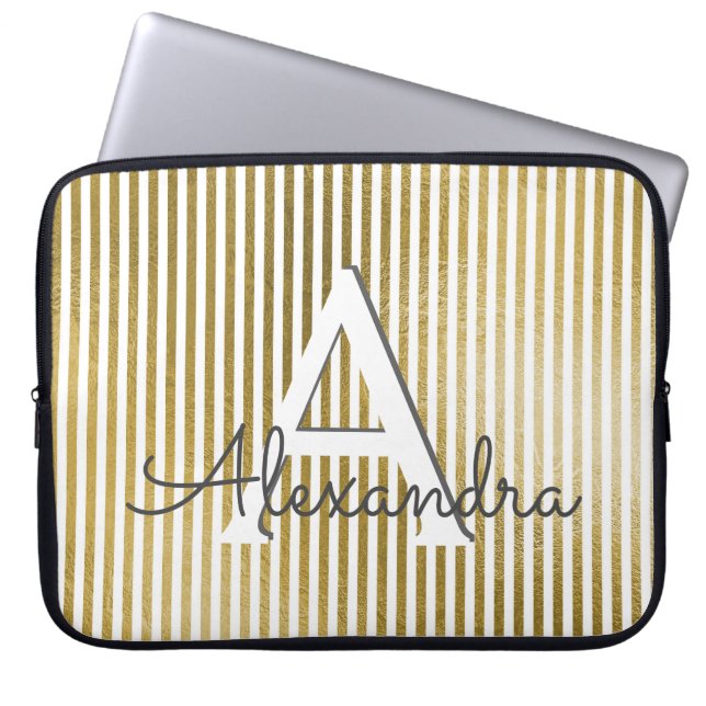 Wit & Goudfolie Gestreept Monogram & Initiaal Laptop Sleeve (Voorkant)