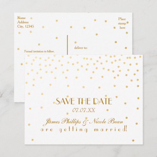 Wit & Goudfolie Stippen Save The Date Briefkaart (Voorkant / Achterkant)