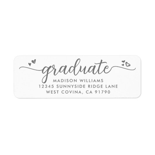 Wit Grijs Afstuderen Script Hearts Modern Adres Etiket (Voorkant)