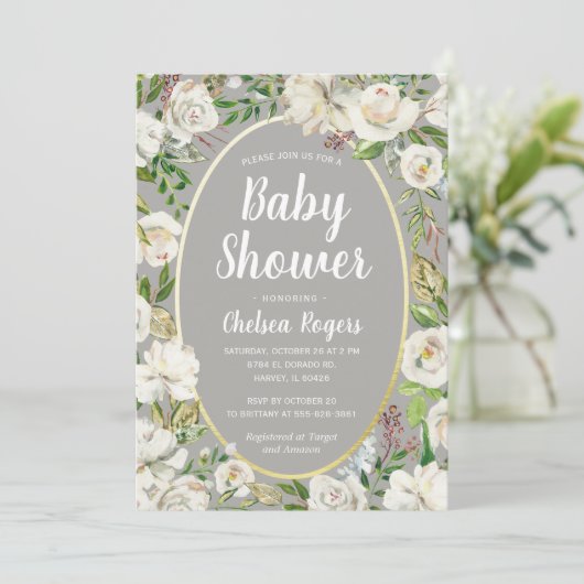 Wit Grijs Bloemen Geslacht Neutraal Chic Baby show Kaart (Staand voorkant)