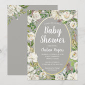 Wit Grijs Bloemen Geslacht Neutraal Chic Baby show Kaart (Voorkant / Achterkant)