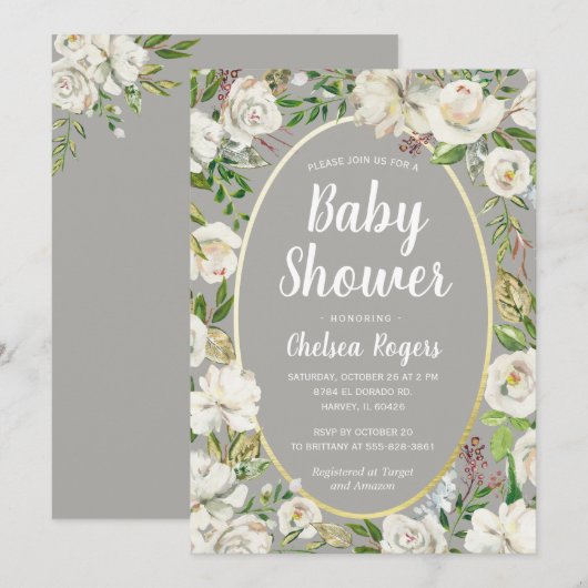 Wit Grijs Bloemen Geslacht Neutraal Chic Baby show Kaart (Voorkant / Achterkant)