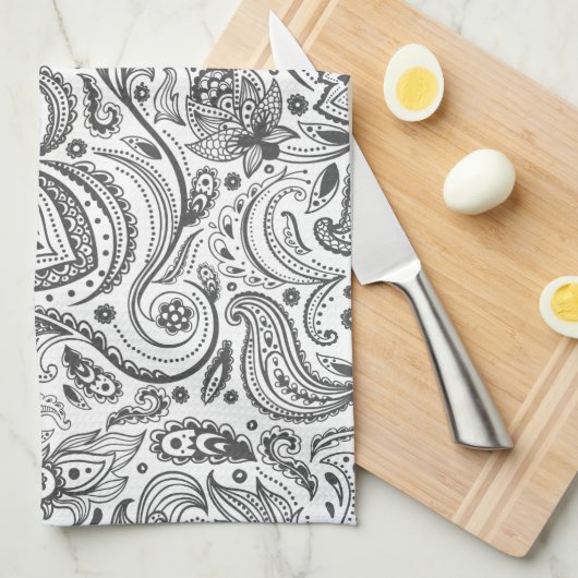 Wit & Grijs  Bloemen Paisley Theedoek (Quarter Fold)