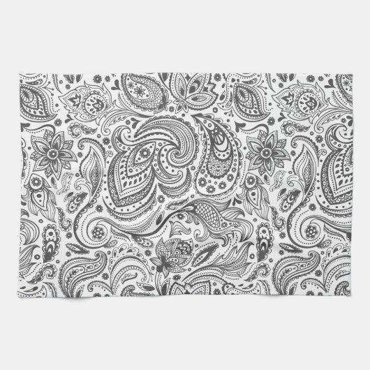 Wit & Grijs  Bloemen Paisley Theedoek (Horizontaal)