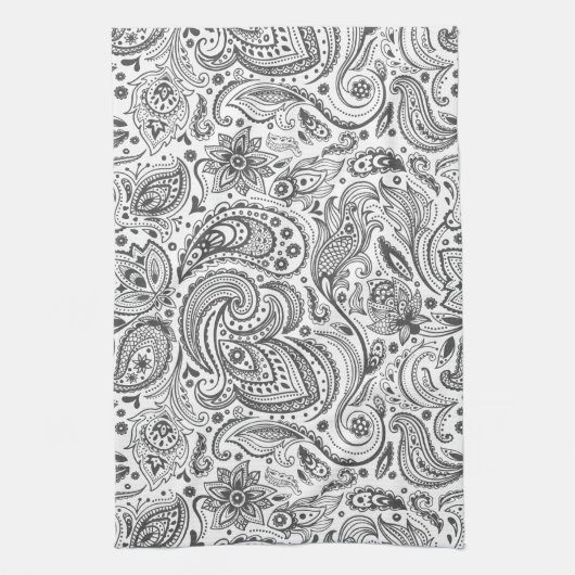 Wit & Grijs  Bloemen Paisley Theedoek (Verticaal)