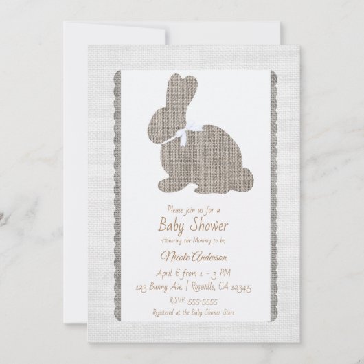 Wit Grijs Burlap Rustiek Bunny Paasfeest Baby show Kaart (Voorkant)