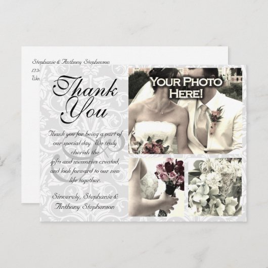 Wit/Grijs Damask Bruiloft Dank u Kaart 3 Foto's (Voorkant / Achterkant)