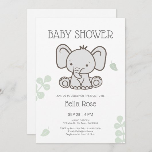 Wit Grijs Gender Neutral Elephant Baby shower Kaart (Voorkant / Achterkant)