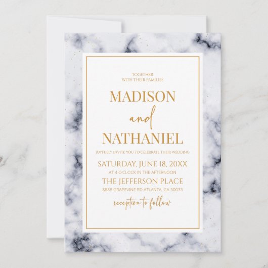 Wit Grijs Goud Marmer Elegant Bruiloft Kaart (Voorkant)