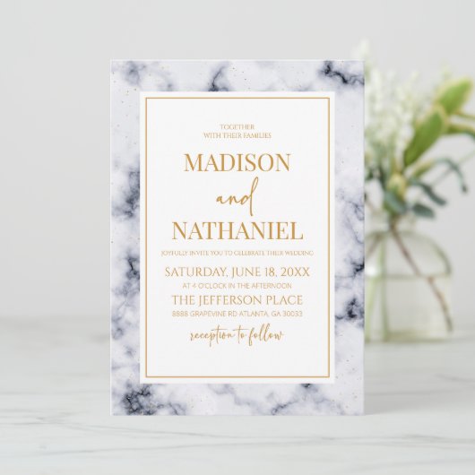 Wit Grijs Goud Marmer Elegant Bruiloft Kaart (Staand voorkant)